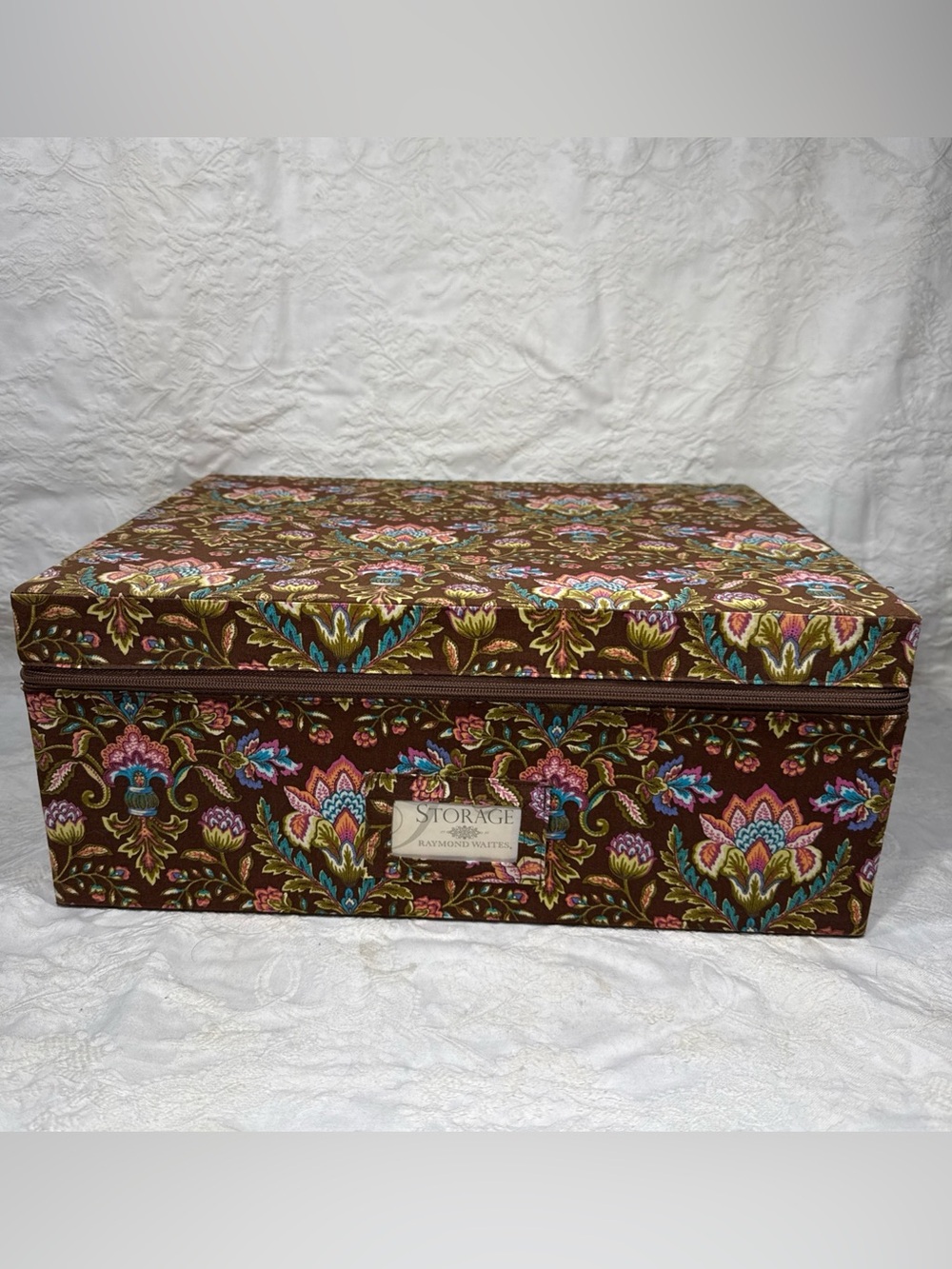 Vintage Raymond Waites Storage Box Paisley & Floral Fabric Zip Close 16” x 12”